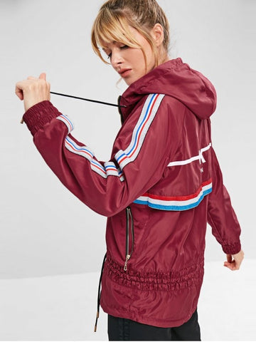 Striped Raglan Sleeve Hooded Coat - Red Wine S