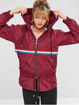 Striped Raglan Sleeve Hooded Coat - Red Wine S