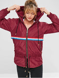 Striped Raglan Sleeve Hooded Coat - Red Wine S