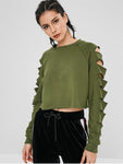 Cut Out Raglan Sleeve Crop Sweatshirt - Army Green L