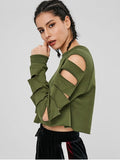 Cut Out Raglan Sleeve Crop Sweatshirt - Army Green L