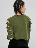 Cut Out Raglan Sleeve Crop Sweatshirt - Army Green L